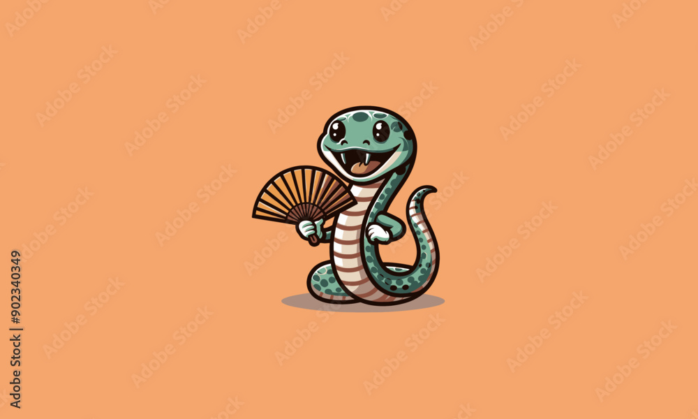 The snake character smiles broadly while holding a fan in his hand vector mascot design The snake character smiles broadly while holding a fan in his hand vector mascot design