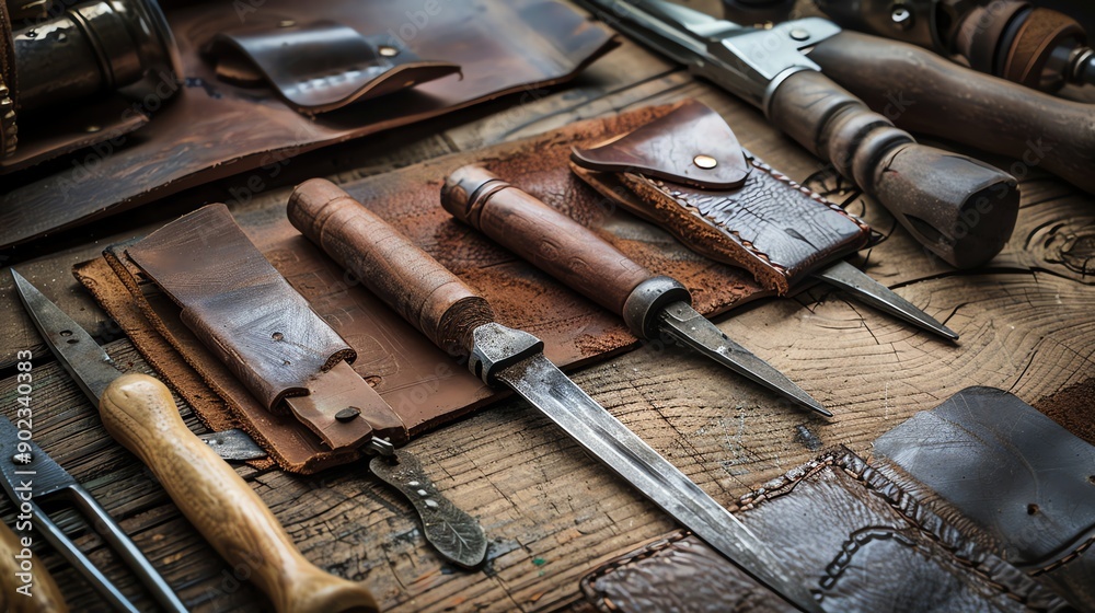 Rustic leatherworking tools displayed on a wooden table. The image is full of rich textures and warm colors, and it evokes a sense of nostalgia. Rustic leatherworking tools displayed on a wooden table. The image is full of rich textures and warm colors, and it evokes a sense of nostalgia.