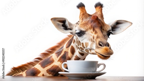 Sleepy Giraffe Holding Coffee Cup Isolated on White Background
