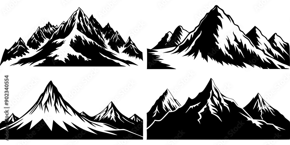 Black and White Mountain Range: Silhouette of Rocky Peaks and Forest Black and White Mountain Range: Silhouette of Rocky Peaks and Forest
