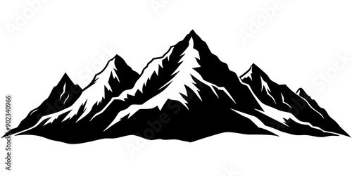 Mountain Range Silhouette: Black and White Rocky Peaks with Forest Background photo