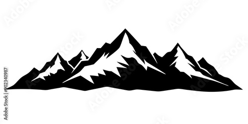 Silhouette of Mountain Range and Forest: Elegant Black and White Rocky Peaks