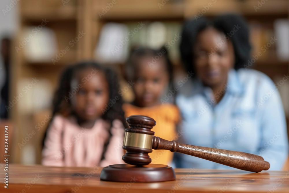 Child-custody. Wooden judge's gavel and family with children kids on background awaiting judge decision. Family law, African American family right judgement court justice legislation concept Child-custody. Wooden judge's gavel and family with children kids on background awaiting judge decision. Family law, African American family right judgement court justice legislation concept