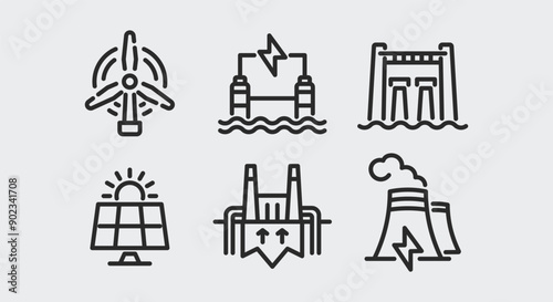 Renewable energy and power generation icons. Renewable energy and power generation trendy minimal icons set. Design signs for web page, mobile app, packaging design. Vector illustration