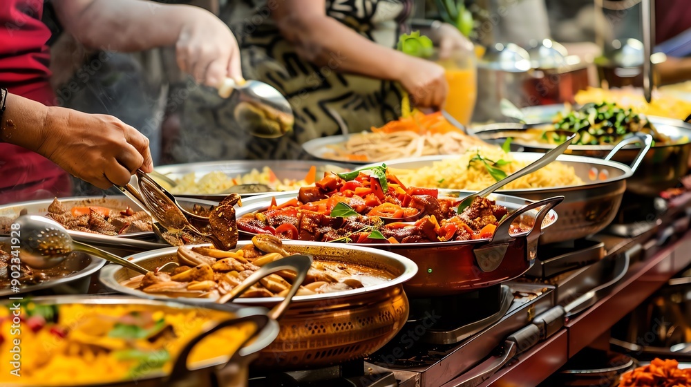 Obraz premium A variety of delicious dishes are available at the buffet.