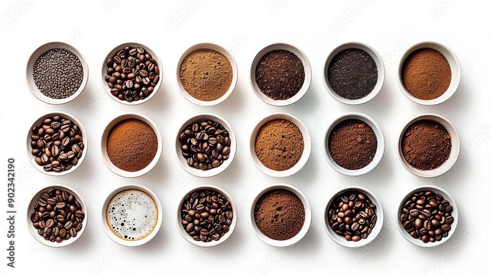 A variety of coffee beans and grounds in white bowls on a white background. The image is well-lit and the colors are vibrant. A variety of coffee beans and grounds in white bowls on a white background. The image is well-lit and the colors are vibrant.