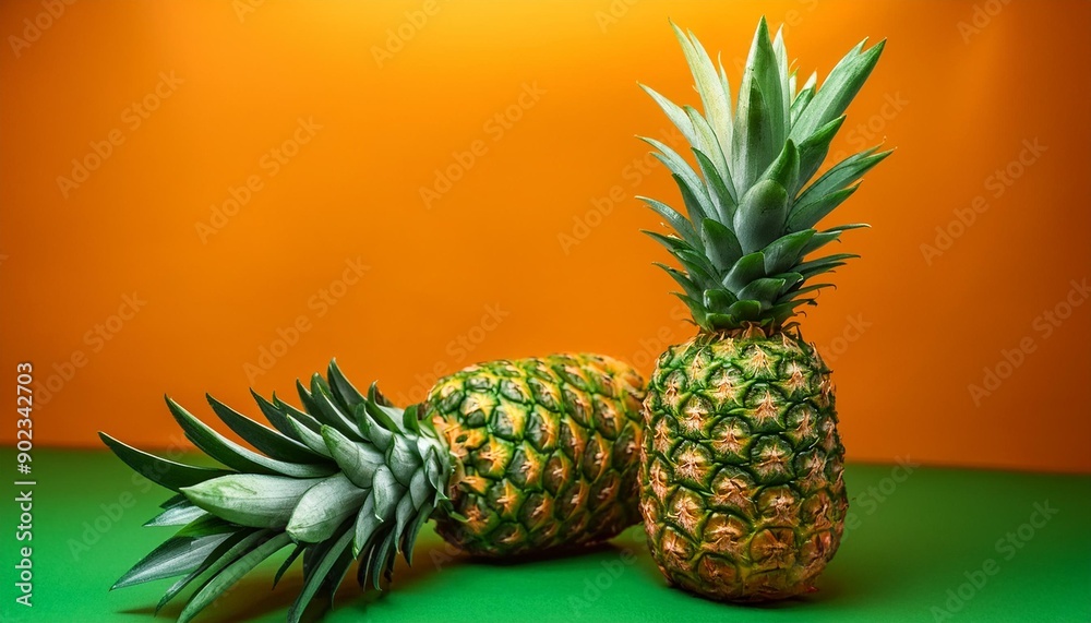 Fototapeta premium Tropical Contrast: Two Ripe Pineapples on Green with Vibrant Orange Background