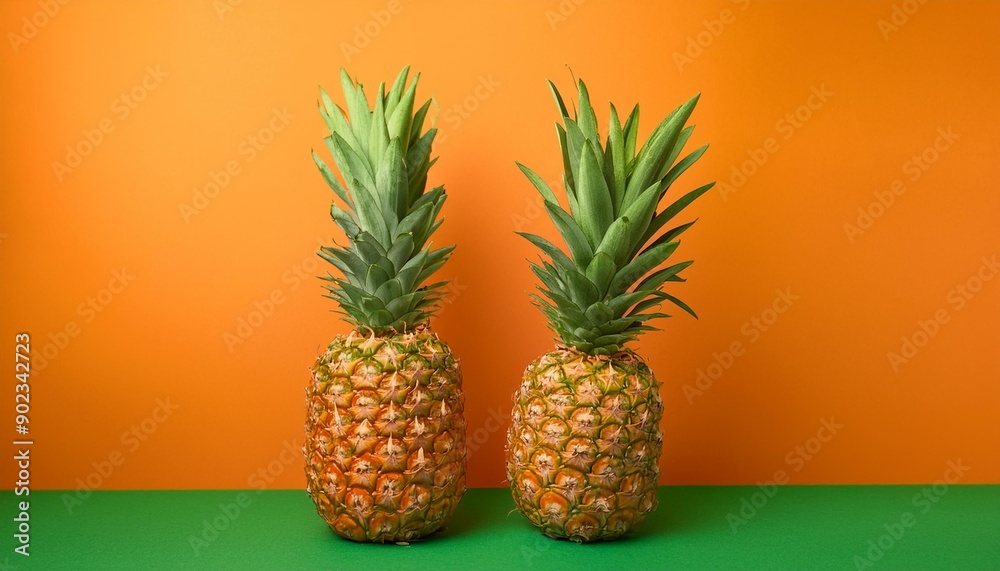 Tropical Contrast: Two Ripe Pineapples on Green with Vibrant Orange Background Tropical Contrast: Two Ripe Pineapples on Green with Vibrant Orange Background