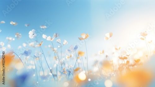 A bright blue sky background in spring with warm, soft light. Numerous small, colorful numbers float in a blurred