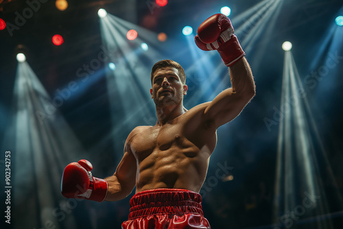 Boxer celebrating his wining in the boxing ring, hands up in the air on the stage, celebration concept. photo