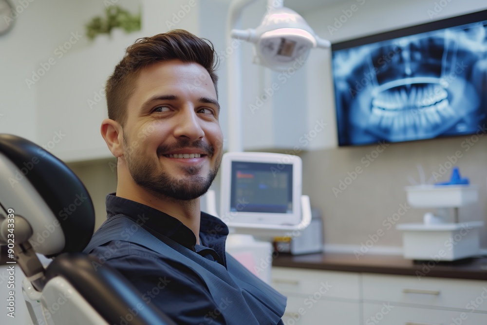 Young male patient looking at camera while sitting in dental chair