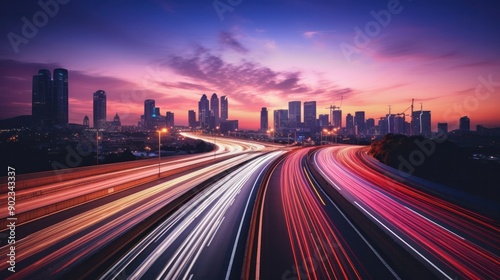 A long-exposure shot of a busy highway at dusk with light trails from vehicles forming a stunning contrast against the purple and orange hues of the setting sun