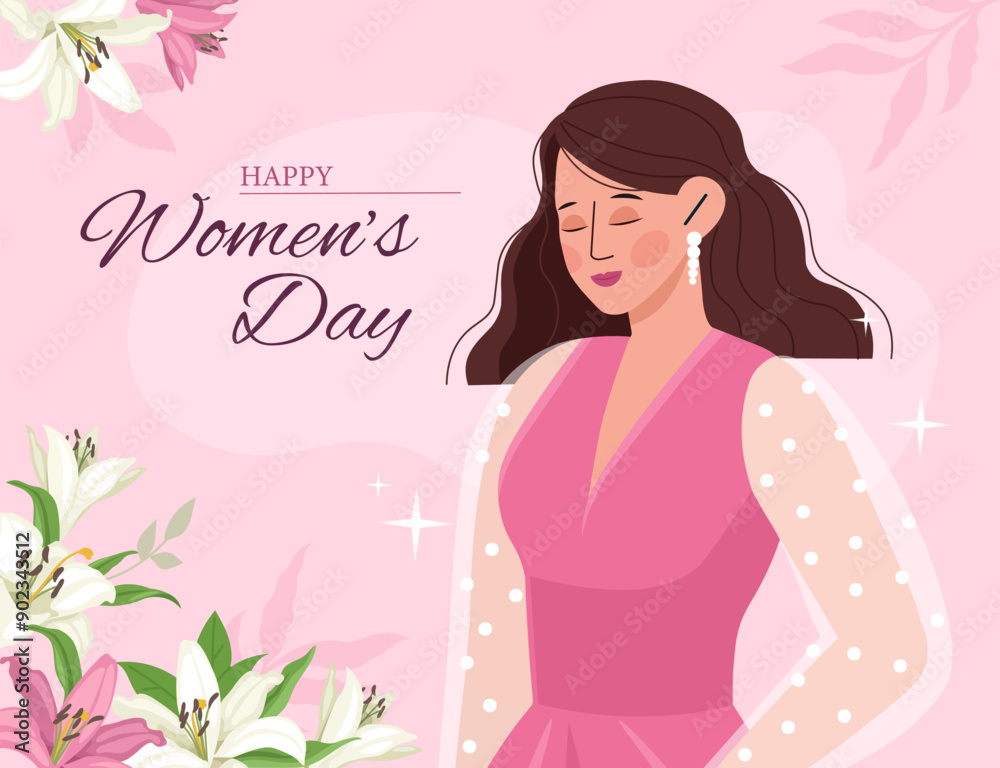 Happy womens day. Young girl in pink dress near bouquet of flowers. Greeting postcard for 8 March. Feminism and solidarity. International holiday and festival. Flat vector illustration Happy womens day. Young girl in pink dress near bouquet of flowers. Greeting postcard for 8 March. Feminism and solidarity. International holiday and festival. Flat vector illustration