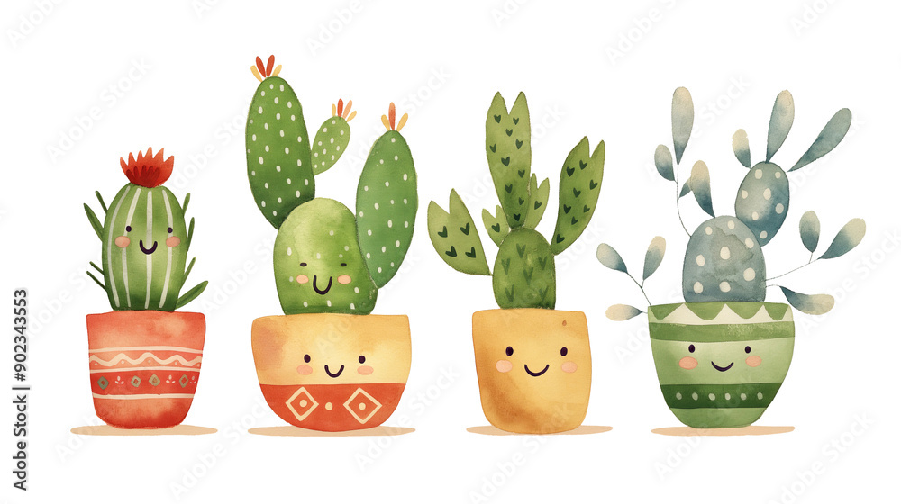 Cute cactuses in pots on white background. Hand drawn illustration. Cute cactuses in pots on white background. Hand drawn illustration.