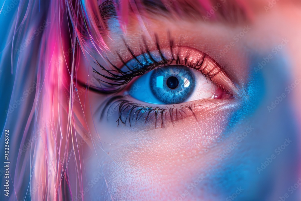 Womans face with blue makeup highlighting creativity and futuristic beauty in a vibrant high tech environment. Womans face with blue makeup highlighting creativity and futuristic beauty in a vibrant high tech environment.