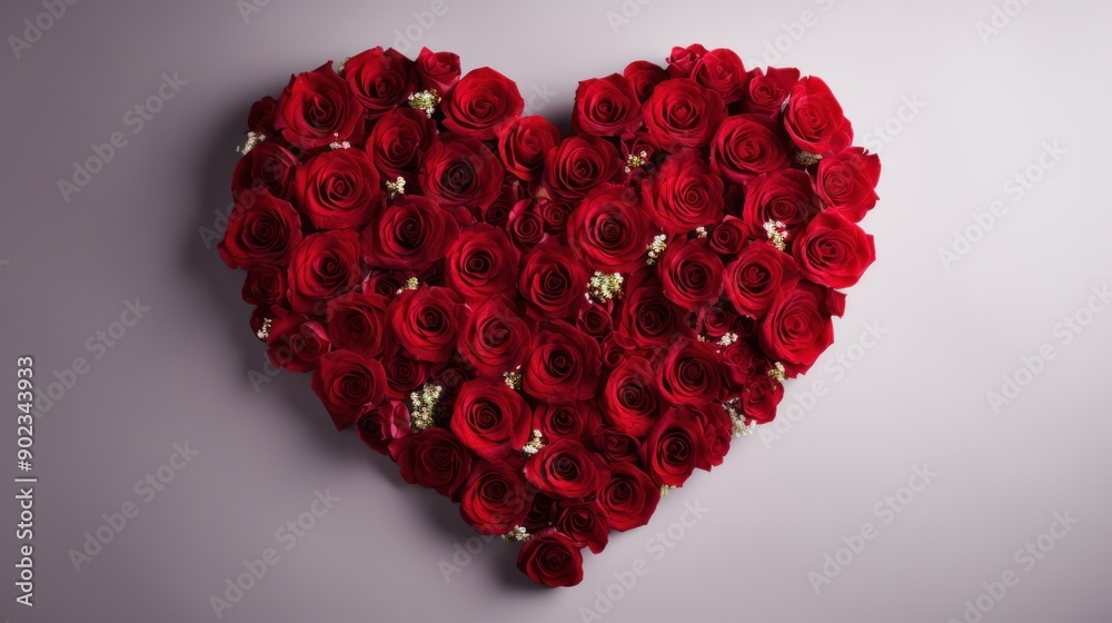 An elegant heart-shaped arrangement of deep red roses, with a few scattered rose petals around, all set against a crisp white background. The composition highlights the richness of the roses An elegant heart-shaped arrangement of deep red roses, with a few scattered rose petals around, all set against a crisp white background. The composition highlights the richness of the roses