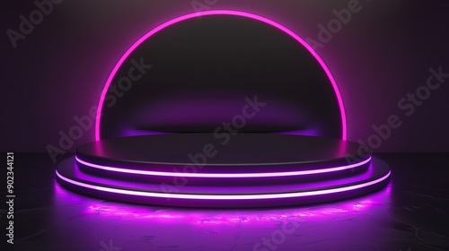 3D rendering of a dark and mysterious stage with a glowing purple neon light. The stage is made of black marble and has three steps.
