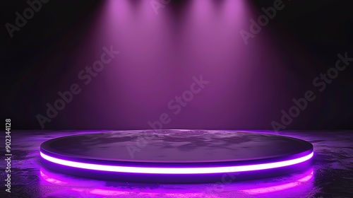 3D rendering of a purple stage with a glowing purple neon light under it. There are three spotlights shining down from the top.