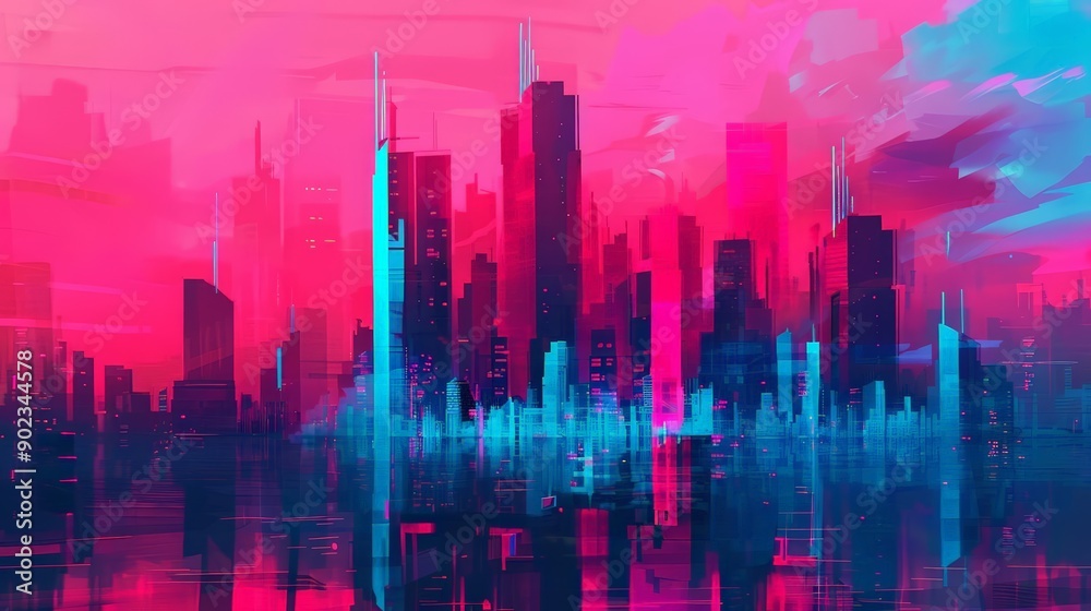 Futuristic city with glossy, translucent buildings, Expressionism, Neon lights, Digital art Futuristic city with glossy, translucent buildings, Expressionism, Neon lights, Digital art