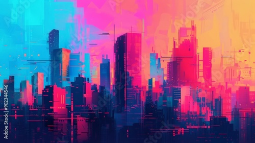 Futuristic city with glossy, translucent buildings, Expressionism, Neon lights, Digital art