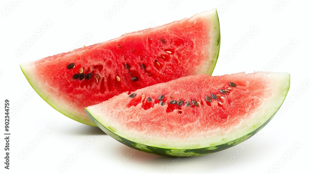 Two slices of ripe red watermelon isolated on white background. Two slices of ripe red watermelon isolated on white background.