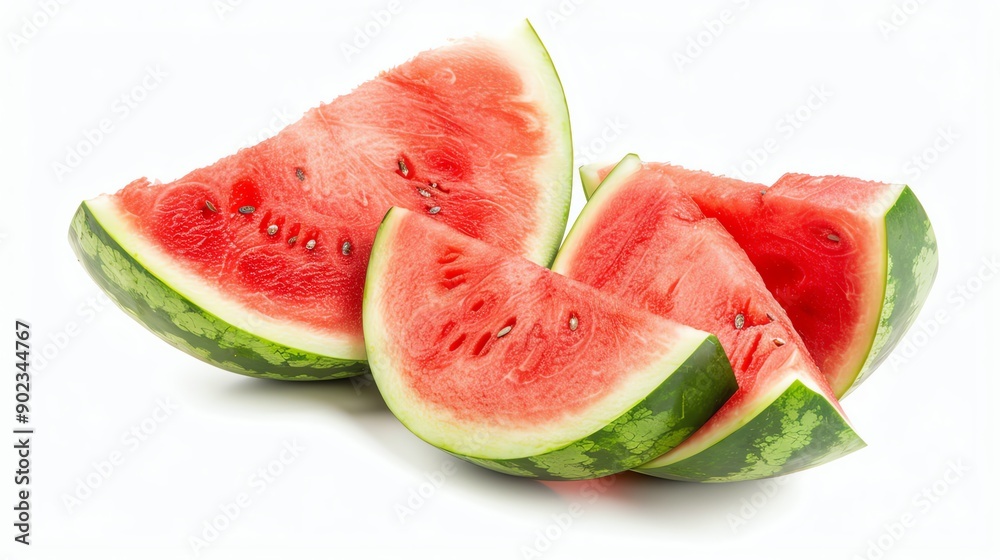 A close-up image of a watermelon cut into four slices. The rind of the watermelon is green and the flesh is red and juicy. A close-up image of a watermelon cut into four slices. The rind of the watermelon is green and the flesh is red and juicy.