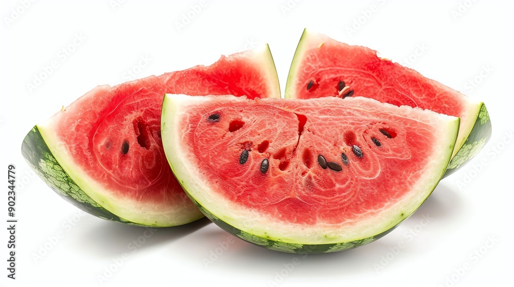 Three slices of ripe watermelon isolated on white background. The rind is dark green and the flesh is red and juicy. The seeds are black and visible. Three slices of ripe watermelon isolated on white background. The rind is dark green and the flesh is red and juicy. The seeds are black and visible.