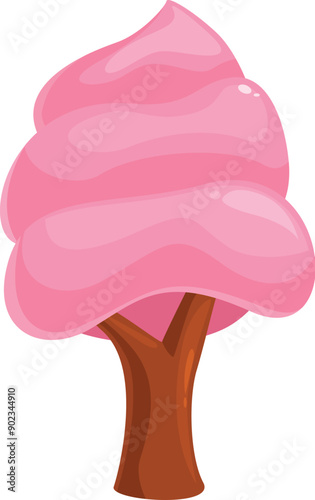 Cartoon pink cotton candy tree growing with brown trunk and delicious crown isolated on white background