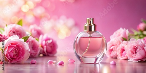 Pink perfume bottle with flowers in foreground and background on pink backdrop, pink, soft, accessory, fragrance, pastel, background, elegance, stylish, bottle, romantic, feminine