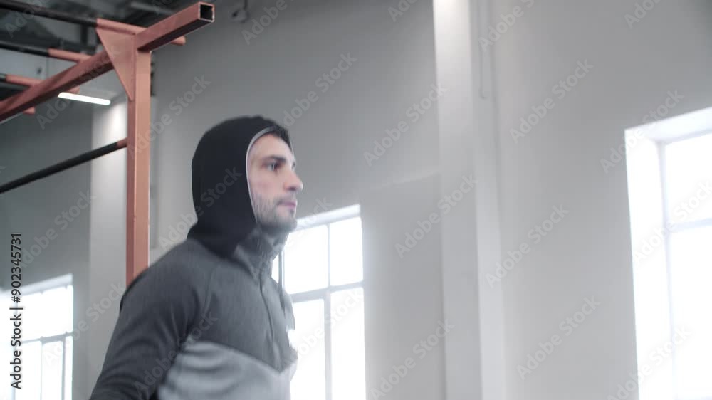 Serious athlete exercising with jumping rope. Sportsman wearing hooded iacket on sunny day. He is doing training at brightly lit gym. Serious athlete exercising with jumping rope. Sportsman wearing hooded iacket on sunny day. He is doing training at brightly lit gym.