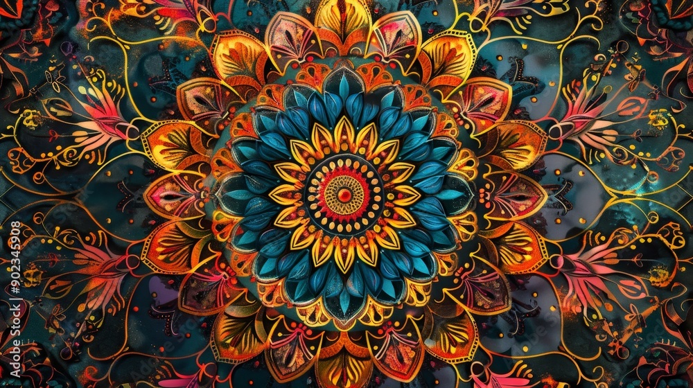 Detailed mandala pattern with intricate, symmetrical designs and vibrant colors Detailed mandala pattern with intricate, symmetrical designs and vibrant colors