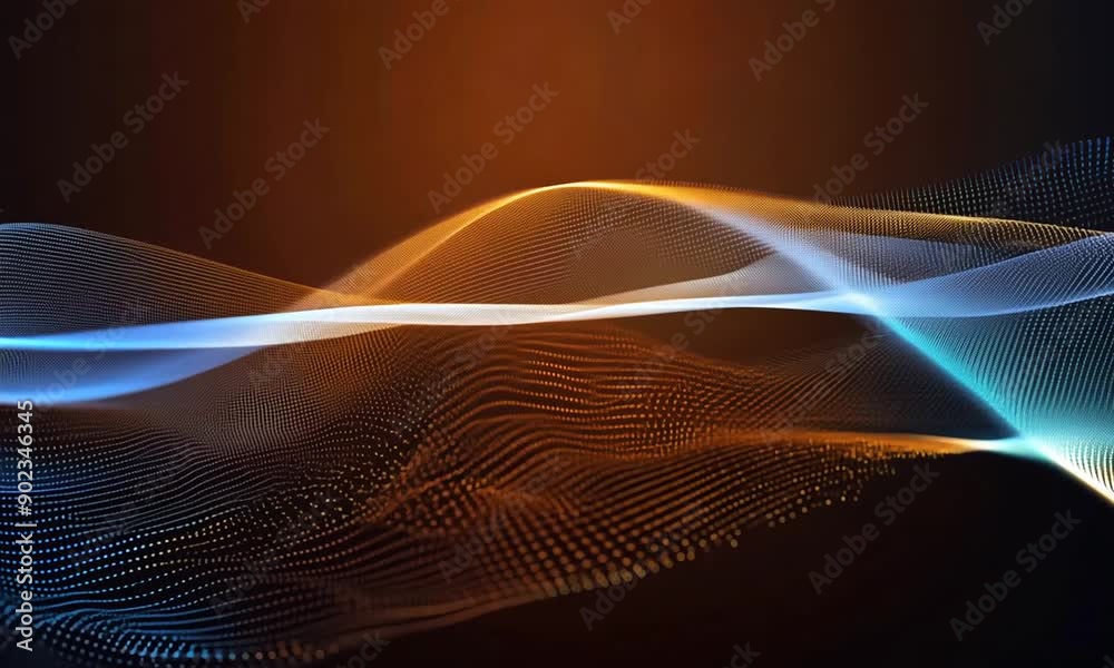 Abstract gradient particle waves continuously flowing with connected dots and lines. Orange and blue digital waves technology background Engineering, Science and Artificial Intelligence. 4k video