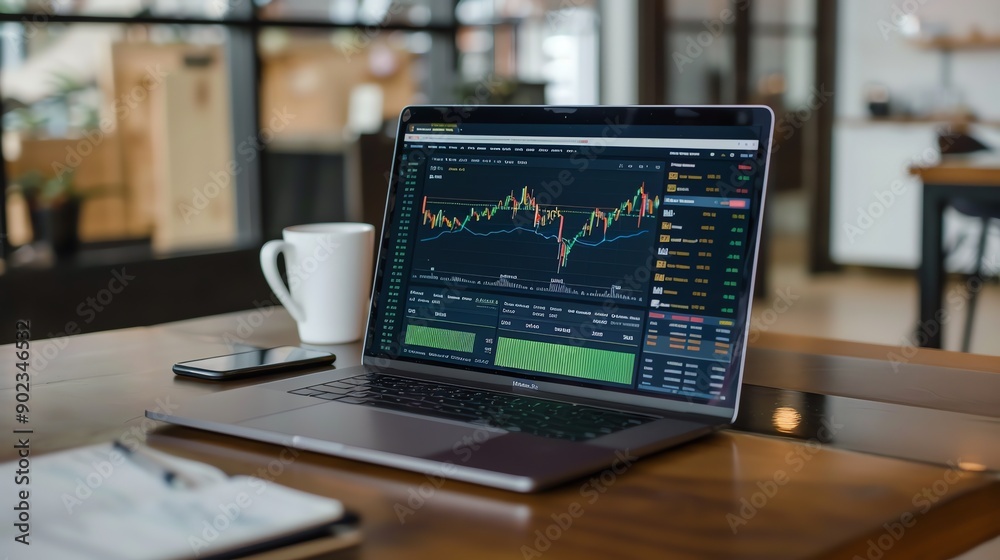 Laptop on a wooden table in a coffee shop. The laptop is open and displaying a stock market chart. Laptop on a wooden table in a coffee shop. The laptop is open and displaying a stock market chart.