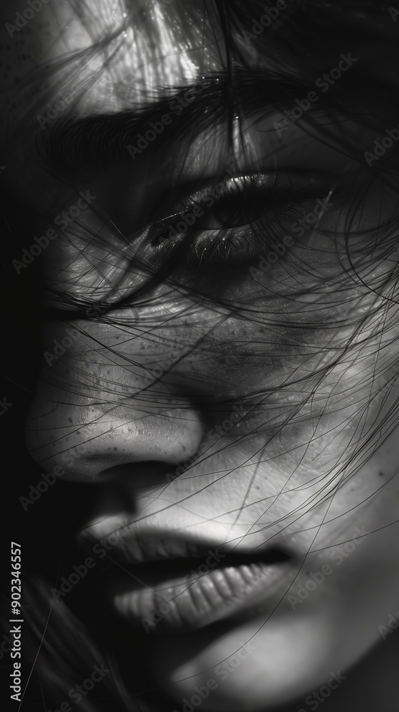 Fototapeta premium Black and white close-up of a pensive face with flowing hair, capturing deep emotion and intense mood.