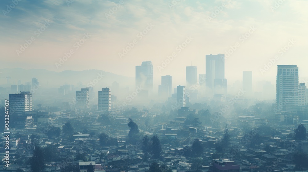 Fototapeta premium Aerial view of a city with heavy smog covering the skyline, showing the impact of air pollution. 