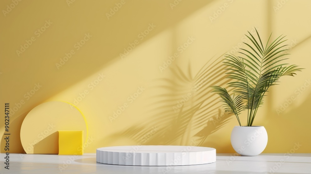 3D podium with geometric shapes and a yellow circle backdrop, minimal studio scene with rainbow accents. 3D podium with geometric shapes and a yellow circle backdrop, minimal studio scene with rainbow accents.