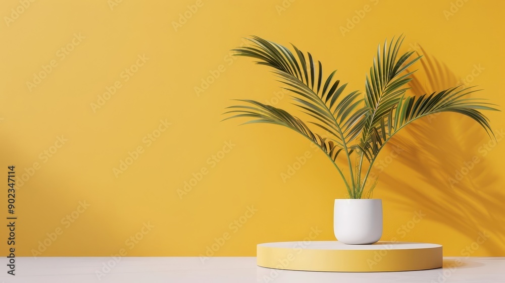3D podium with geometric shapes and a yellow circle backdrop, minimal studio scene with rainbow accents. 3D podium with geometric shapes and a yellow circle backdrop, minimal studio scene with rainbow accents.