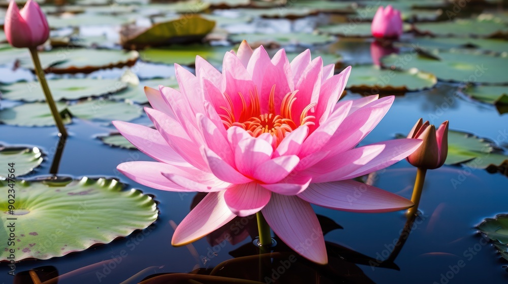 Close-up photograph of a pink lotus flower in a pond, Close-up photograph of a pink lotus flower in a pond,