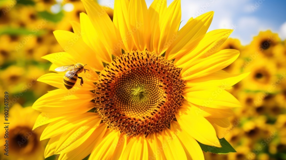 Close-up view of a vibrant sunflower in full bloom with a bee diligently collecting pollen in the center of the flower Close-up view of a vibrant sunflower in full bloom with a bee diligently collecting pollen in the center of the flower