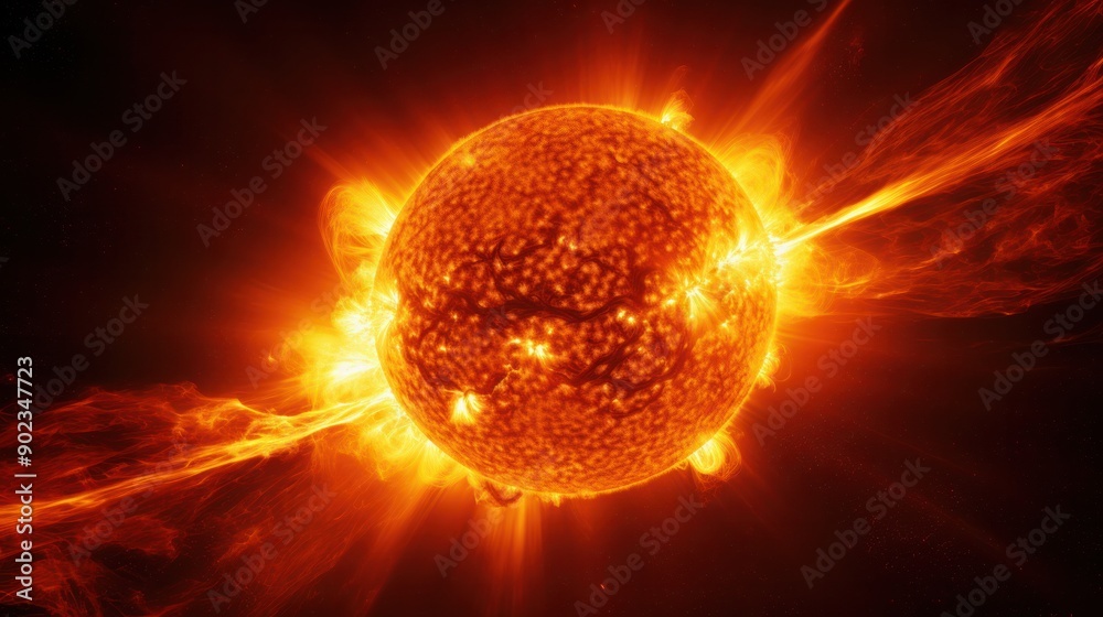 Detailed image of the Sun's surface featuring large solar flares erupting and bright, glowing regions of hot plasma Detailed image of the Sun's surface featuring large solar flares erupting and bright, glowing regions of hot plasma