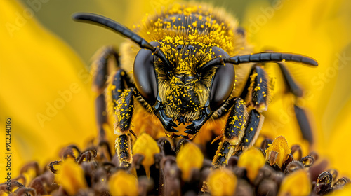 Busy honey bee collecting pollen from flower, Bee in a yellow pollen, collects sunflower nectar background, Bees are also common during the summer months