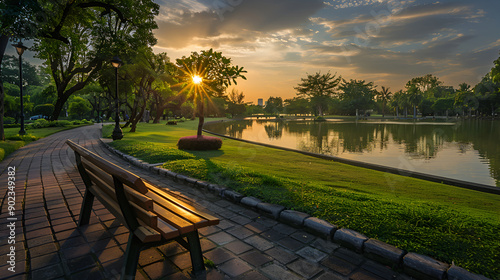 Trees and plants in a beautiful background,Sunset on a river, two benches and tree,Yellow maple in autumn wood near river,Bench and a tree at a golden sundown