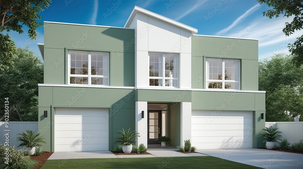 Fototapeta premium The exterior of the two-story house boasts a sleek, modern facade with a thoughtful color palette featuring calming sage green and crisp white hues, expertly balanced to evoke a sense of serenity and 