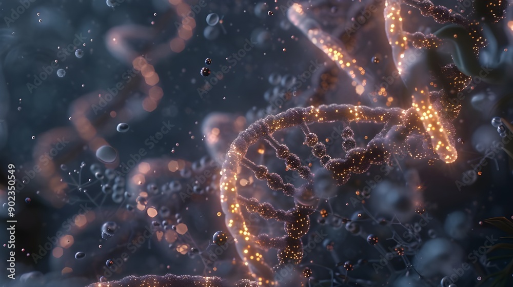 DNA Helix with Molecular Structures in 3D on Dark Gradient Background DNA Helix with Molecular Structures in 3D on Dark Gradient Background