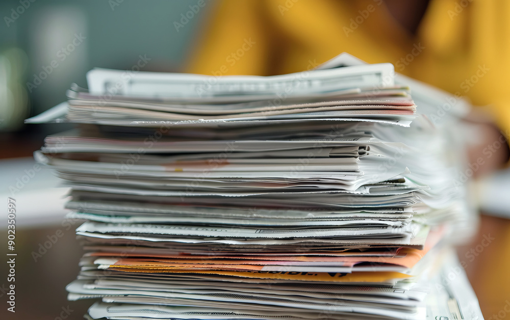A cluttered stack of papers highlighting organization challenges in a workspace or home setting. A cluttered stack of papers highlighting organization challenges in a workspace or home setting.