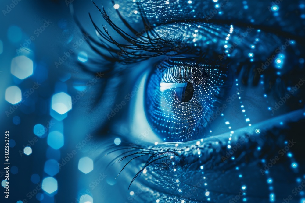 Close up of a blue eye with digital elements highlighting the integration of human vision and advanced technology in a vibrant high tech setting. Close up of a blue eye with digital elements highlighting the integration of human vision and advanced technology in a vibrant high tech setting.