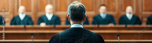 A scene in a courtroom with a judge facing a panel of judges, highlighting the formal judicial process and legal atmosphere.