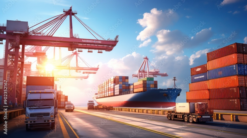 A large container truck is parked beside a massive cargo ship docked at a bustling port, with a cargo plane flying overhead. The scene includes a crane bridge actively moving containers,