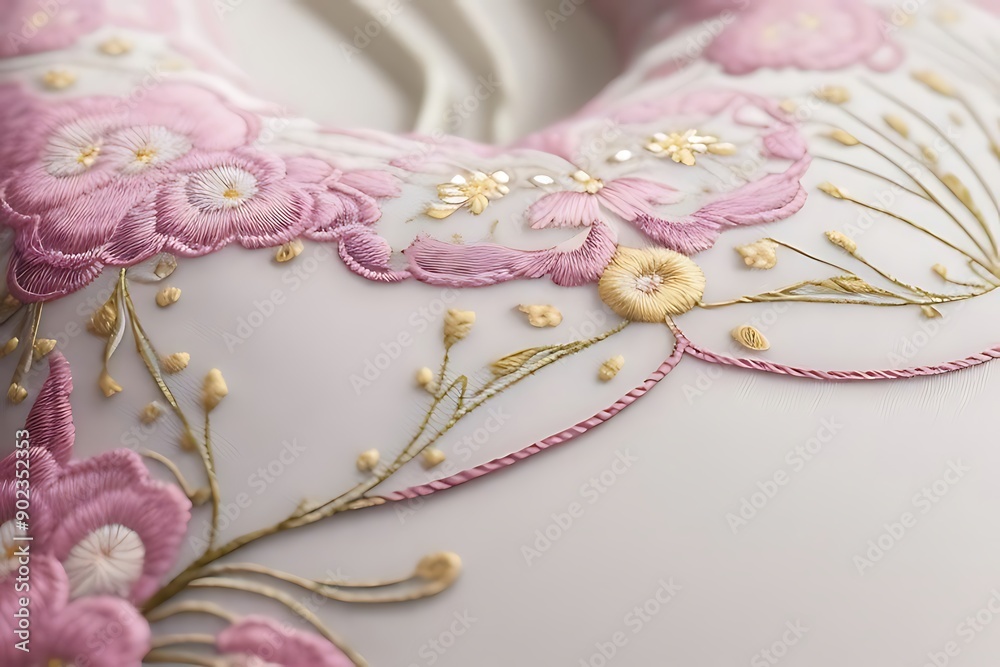 Detailed Embroidery of Pink Flowers and Green Leaves on Pillow. Generative AI.