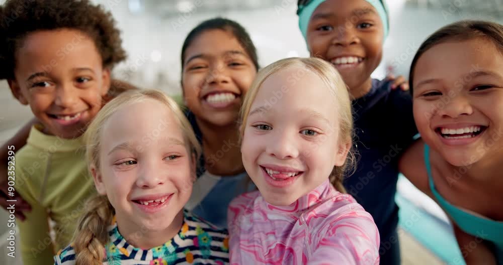 Kids, selfie and happy in swimming pool for lesson in centre with swimsuits for learning and child development. People, friends and diversity with smile on portrait for workout and training sport Kids, selfie and happy in swimming pool for lesson in centre with swimsuits for learning and child development. People, friends and diversity with smile on portrait for workout and training sport